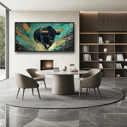 Large Highland Cow Wall Art for Living Room, Framed Oversized Bison Buffalo Wall Decor, Teal and Gold Canvas Painting Modern Artwork for Living Room Bedroom Office Dining Room 60"x30"