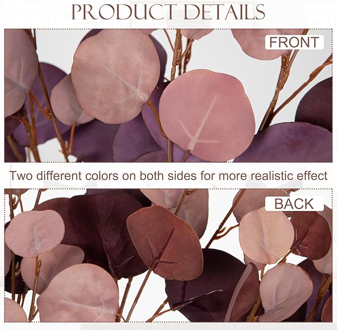 Maroon Eucalyptus Stems Fake Eucalyptus Leaves 34” Long Silver Dollar Leaves 5 Pcs Silk Eucalyptus Stems for DIY Bouquet Arrangements Centerpieces Shower Decorations-Artificial Eucalyptus Spray
