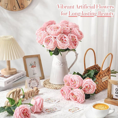 Giegxin 20 Pcs Real Touch Peonies Austin Roses Artificial Flowers, Faux Look Real Long Stems Fake Flower with Big Blooms for Christmas Valentines Wedding Party DIY Arrangement Home Decor(Pink)
