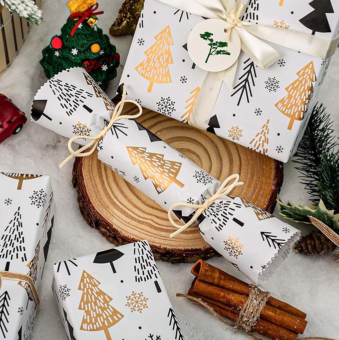 MAYPLUSS Christmas Trees Wrapping Paper - 17 Inch X 33 Feet - Minimalistic Elegant Christmas Trees with Gold Design Winter Holiday Gift Wrap Sheet for Party, DIY Crafts & Festive Decoration