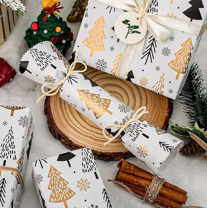 MAYPLUSS Christmas Trees Wrapping Paper - 17 Inch X 33 Feet - Minimalistic Elegant Christmas Trees with Gold Design Winter Holiday Gift Wrap Sheet for Party, DIY Crafts & Festive Decoration