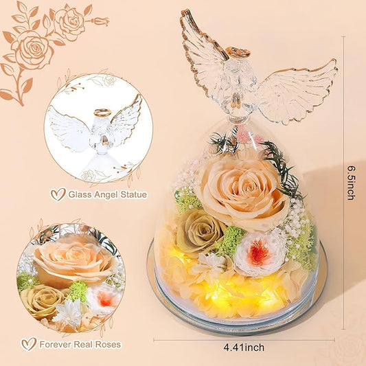 FIACO Preserved Rose Christmas Birthday Gifts for Women Forever Fresh Flowers Delivery Gifts for Mom Grandma Wife Anniversary Eternal Roses in Glass Angel Figurines
