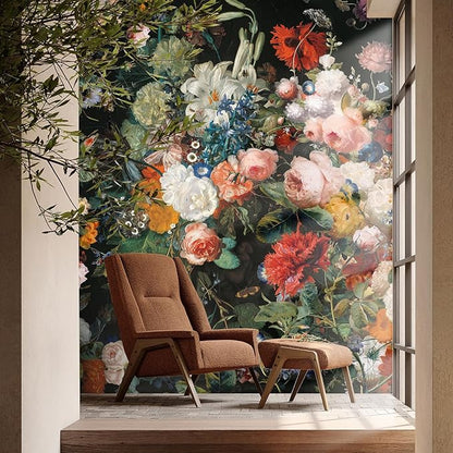 Zeeko Dark Floral Wallpaper Peel and Stick 148" W x 98" H Waterproof Canvas Fabric Vintage Moody Large Wall Mural Self Adhesive Removable Wall Paper for Bedroom Living Room Art Deco
