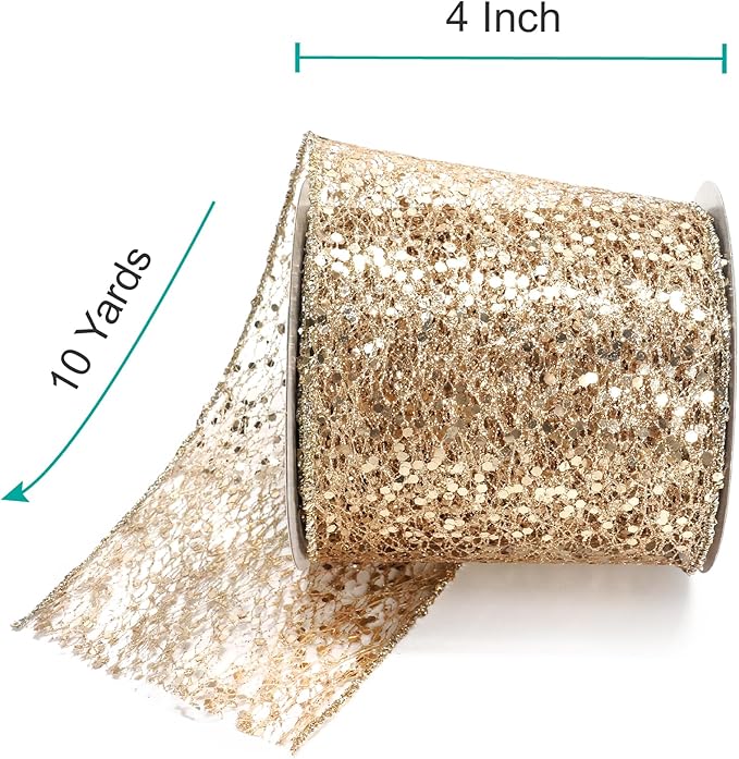 CT CRAFT LLC Sparkling Glitter Mesh Wired Ribbon 4" x 10 Yards Champagne Gold for Christmas Home Decor Bow Gift Wrapping DIY Crafts Wreath