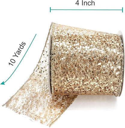 CT CRAFT LLC Sparkling Glitter Mesh Wired Ribbon 4" x 10 Yards Champagne Gold for Christmas Home Decor Bow Gift Wrapping DIY Crafts Wreath