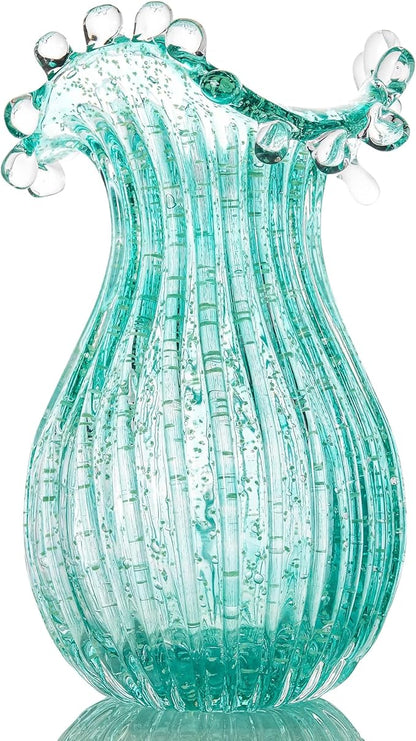 QFkris Hand Blown Glass Luminous Vase for Flowers 8" Teal Crystal Bubble Vases for Bouquet Home Decor Decorative Centerpieces Unique Gift for Christmas Valentines Day Birthday Housewarming Mothers Day