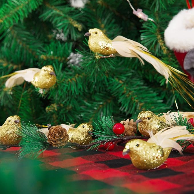 Cosweet 12 Pcs Gold Cardinal Artificial Birds with Clip - Cardinal Bird Christmas Ornament with Feather Wreath Flower Arrangement Supplies for Xmas Tree Party Decor DIY Craft Gifts