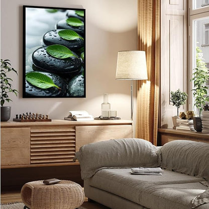 Glittering black stone cluster with fresh green leaves and water drops poster tranquil mist rain wall art zen wall art suitable for modern minimalist home decor 20x30in Metal blackFramed