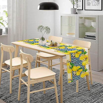 Lemon Table Runner ,Summer Blue Tiles Lemons Kitchen Dining Table Decoration Lemons Table Cover for Indoor Outdoor Home Party Decor, 13 x60 Inch