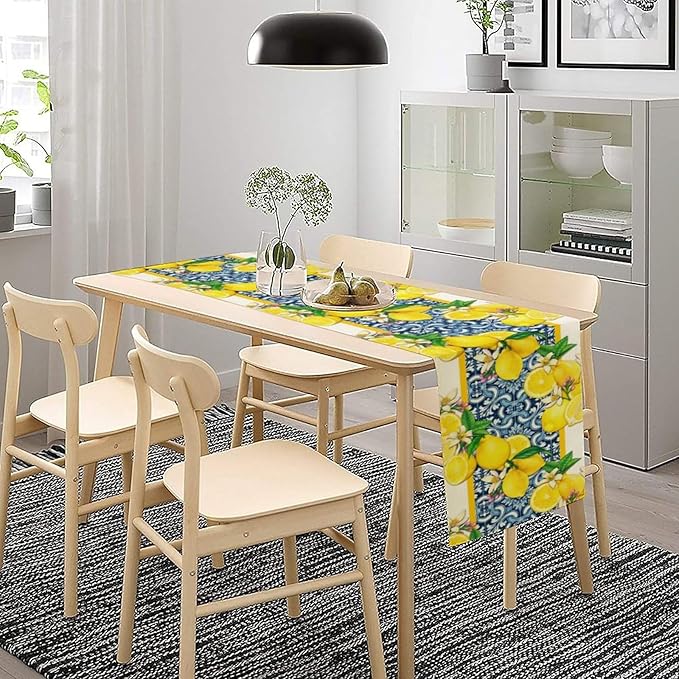 Lemon Table Runner,Summer Blue Tiles Lemons Kitchen Dining Table Decoration Lemons Table Cover for Indoor Outdoor Home Party Decor, 13 x36 Inch