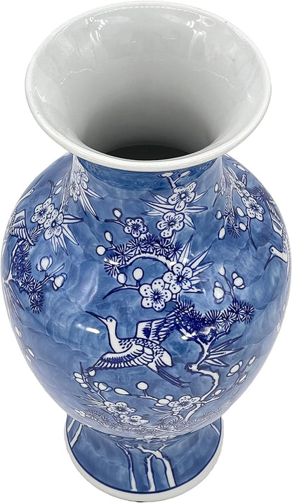 Galt International White & Blue Floral Crane Chinoiserie Ceramic Vase 14" - Hand Painted Antique Style Porcelain Bird & Flower Bottle Fishtail Porcelain Chinese Vase for Home Decor Centerpiece