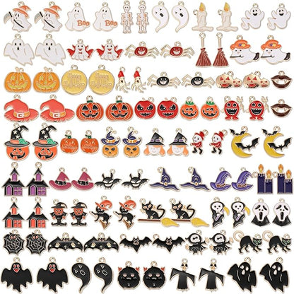 100Pcs 50 Pairs Halloween Charms for Jewelry Making and Bracelets, Gold Enamel Jewelry Pendants for Halloween Earring Bracelet Necklace Craft Making