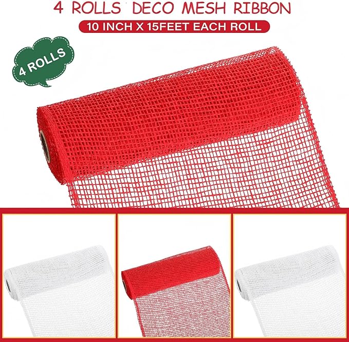 Chuangdi 4 Rolls Poly Burlap Mesh Poly Burlap Deco Ribbon Mesh Roll for Christmas Spring Summer Easter 4th of July DIY Flower Wreath Garland, 10 Inch
