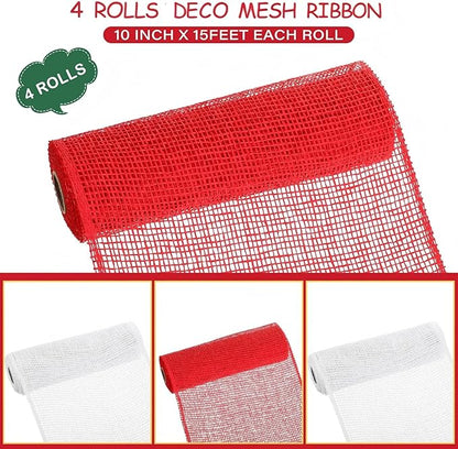 Chuangdi 4 Rolls Poly Burlap Mesh Poly Burlap Deco Ribbon Mesh Roll for Christmas Spring Summer Easter 4th of July DIY Flower Wreath Garland, 10 Inch