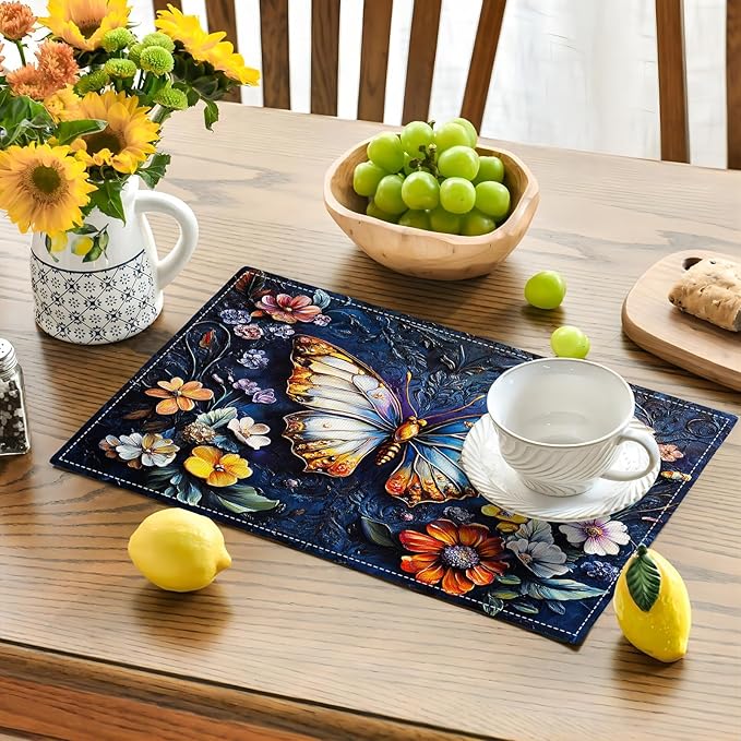 Colorful Butterfly Placemats Set of 4, Spring Place Mats, Florals Dining Table Mats, Rustic Washable Placemats for Kitchen Dining Room Home Decor 18L'' × 12W''