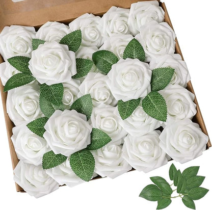AmyHomie Artificial Flowers White Rose 100pcs Real Looking Fake Roses w/Stem for DIY Wedding Bouquets Centerpieces Arrangements Party Baby Shower Valentines Day Christmas Tree Decorations