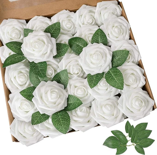 AmyHomie Artificial Flowers White Rose 100pcs Real Looking Fake Roses w/Stem for DIY Wedding Bouquets Centerpieces Arrangements Party Baby Shower Valentines Day Christmas Tree Decorations