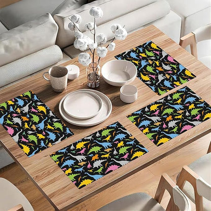 Colorful Dinosaur Placemats Set of 4, 12x18 Inch Non-Slip Washable Heat Resistant Linen Fabric Table Mats,Place Mats for Holiday Party