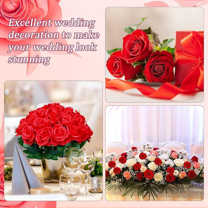 30pcs Fake Roses Artificial Silk Flowers Long Stems Bouquet for Wedding Bridal Shower Party Home Decoration (Red)