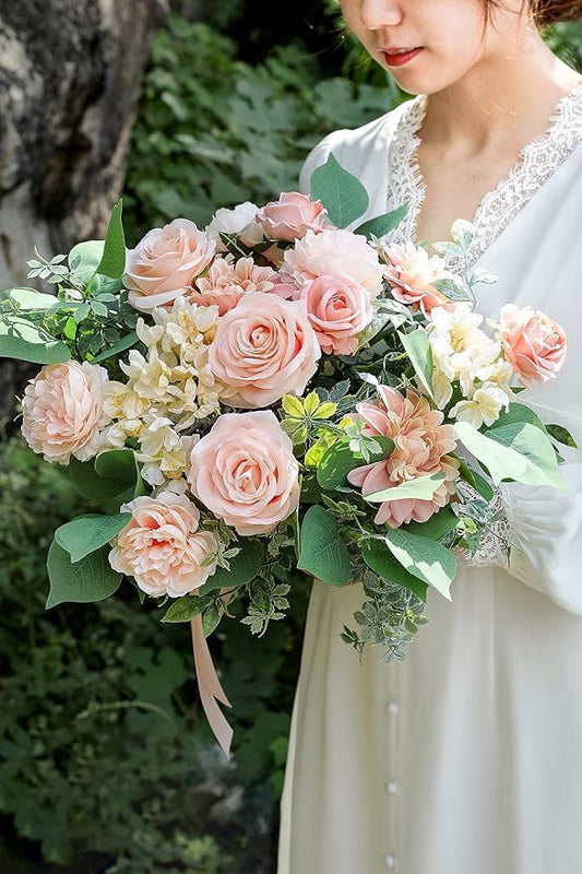 YYHUAWU Artificial Flowers Combo Box Set Gradient Color Flower Leaf with Stems for DIY Wedding Bouquets Centerpieces Baby Shower Party Home Decorations Peach