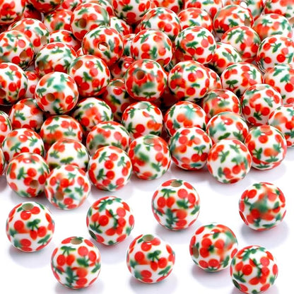100 PCS 10mm Resin Beads Bulk for Bracelet Making Kit, Cherry Pattern Printed Round Loose Beads for Jewelry Earring Necklace Rings Art Craft DIY Projects
