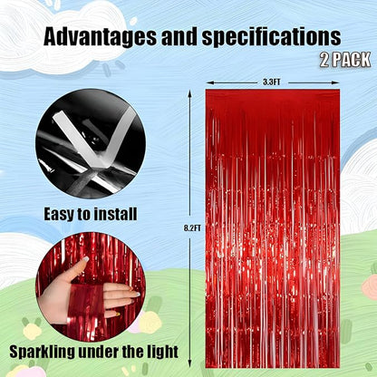 Keyali 2 Pack 3.3 * 8.3 ft Foil Curtain Metallic Tinsel Fringe Curtains Photo Booth Props Backdrop for Birthday Wedding Engagement Baby Shower Christmas Holiday Celebration Partyl,Red