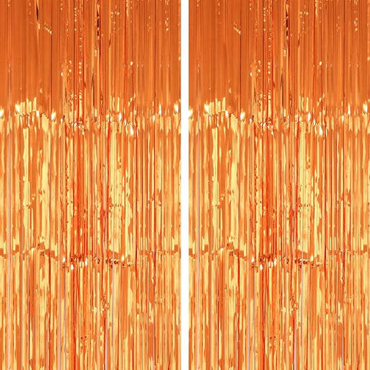 2 Pack 3.2x8.2 Feet Orange Foil Fringe Backdrop Curtains, Metallic Tinsel Photo Booth Backdrop Streamers Birthday Party Decorations, Halloween Baby Shower Disco Basketball Party Supplies