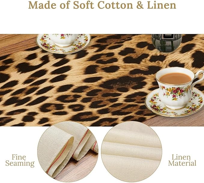 Leopard Skin Print Table Runner, Vintage Cottage Country Farmhouse Wildlife Safari Animal Skin Dinner Runner for Home Kitchen Dining Table Party Holiday Decor 13x60in