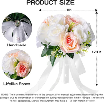Wedding Bouquets for Bride - Realistic Silk Flowers Artificial Roses, 8 Inch Bridesmaid Bouquet for Ceremony, Church, Anniversary, and Home Decoration (White & Blush Champagne)