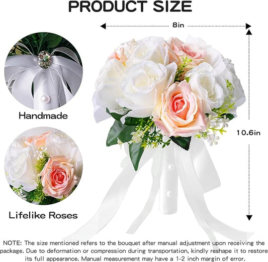 Wedding Bouquets for Bride - Realistic Silk Flowers Artificial Roses, 8 Inch Bridesmaid Bouquet for Ceremony, Church, Anniversary, and Home Decoration (White & Blush Champagne)