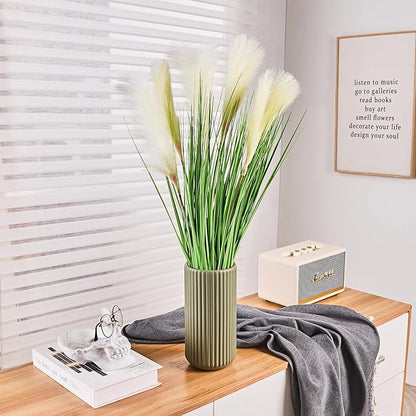 Green Ceramic Flower Vase for Pampas Grass, 8 inch Small Decorative Centerpiece Ribbed Vase for Dining Table, Office Desktop, Shelf Bookshelf, Mantel, Entryway, Bathroom, Countertop, Farmhouse, Gift