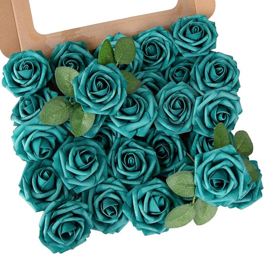 MACTING Artificial Rose Flowers 30PCS Real Touch Fake Flowers with Stem Foam Roses for DIY Wedding Bouquets Table Centerpieces Floral Arrangements Party Home Spring Valentines Day Decor,Peacock Green