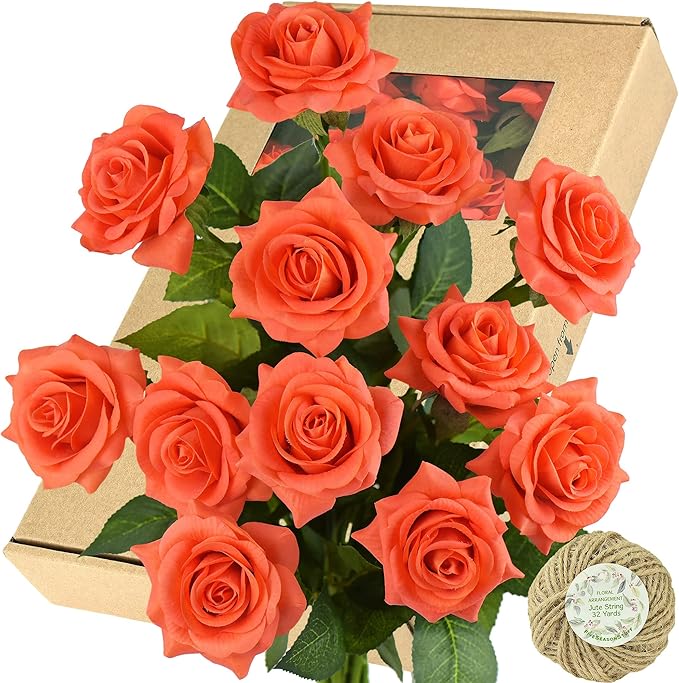 FiveSeasonStuff Coral Orange Artificial Roses Real Touch Silk Flowers with 12 Stems Wedding Bridal Bouquet Home Décor