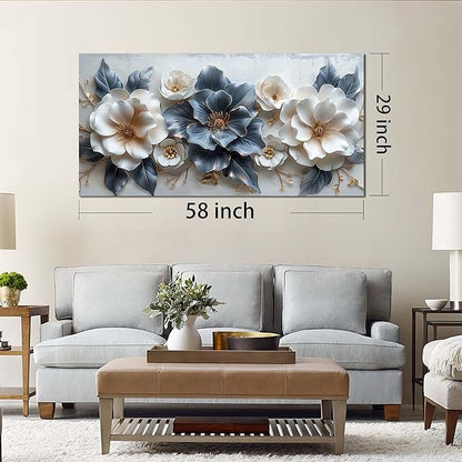Flower Canvas Wall Art for Office Blue and White All Decor for Bedroom Women Big Wall Art for Living Room Modern Size 29" x 58"