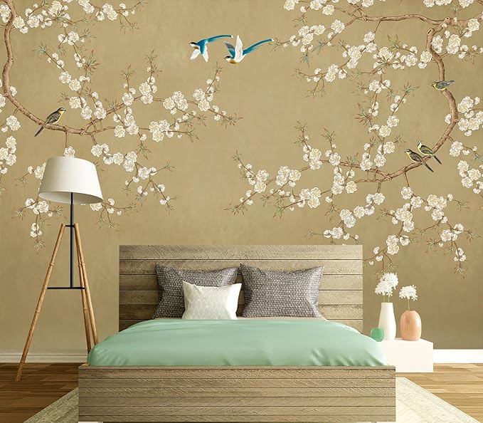 Eierme-Beautiful Background China Art. Flower with Bird Mural Wallpaper Peel and Stick 160" x 114"