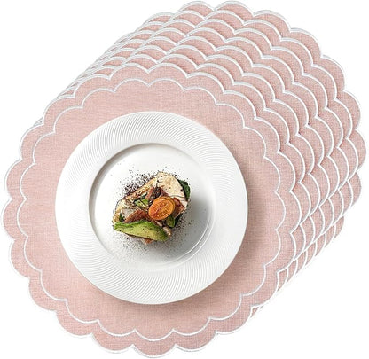 Set of 8 Cotton Linen Placemats, 15x15 Scalloped Flower Embroidery Cloth Table Mats Double Layered Fabric Machine Washable Wrinkle Free Dining Placemat for Hotel Restaurant Kitchen Decor, Pink