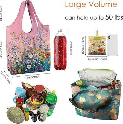 BeeGreen Flower Reusable Shopping Bags Cute Grocery Bag 6 Pack, Christmas Gift Bags Heavy-Duty Foldable Shopping Totes for Supermarket, Work & Travel, Large Washable Polyester Tote Bag with Handles