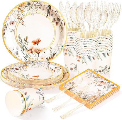 Spring Wildflower Party Decorations,Wildflower Birthday Decorations,Floral Paper Plates and Napkins Sets- Plates,Cups,Napkins,Cutlery for Baby Shower Birthday Bridal Shower Decorations,Serves 24