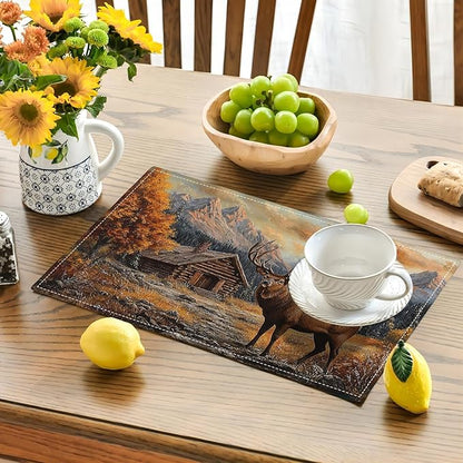 Farmhouse Deer Placemats Set of 4, Country Natural Place Mats, Rustic Forest Lodge Elk Wildlife Dining Table Mats, Washable Placemats for Kitchen Dining Room 18L'' × 12W''