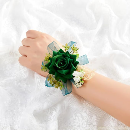 SITUMEIZI 2Pcs Green Corsage and Boutonniere Set Corsage Wristlet for Prom Decor Boutonniere for Men Wedding Flowers Accessories Party Suit Decoration