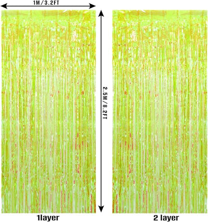 2 Pack Neon Green Foil Fringe Backdrop Curtains Party Decoration, 3.2 x 8.2 ft Tinsel Backdrop Curtains for Parties Photo Booth Wedding Graduations Birthday Party Supplies (Iridescent Green)