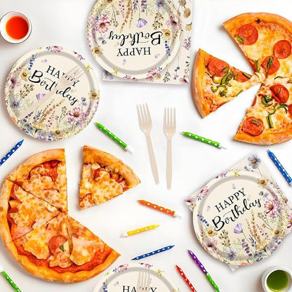 72Pcs Fall Wildflower Plates and Napkins, Floral Birthday Party Supplies Autumn Wildflower Paper Plates and Napkins Forks Tableware Decorations for Fall Picnic Tea Party Baby Shower Birthday, Serve 24