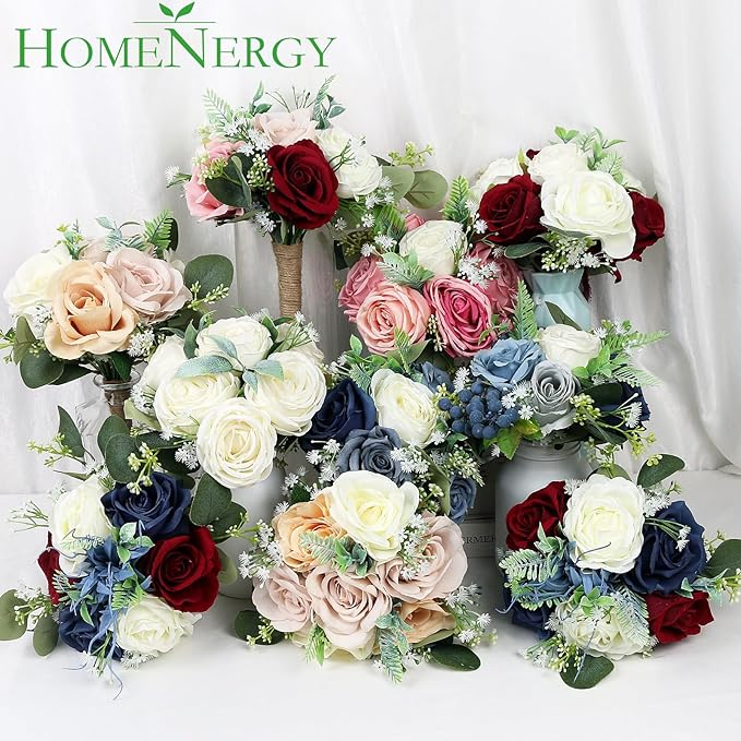 Set of 2 Bridesmaid Bouquets for Wedding - 7 Inch Artificial Flowers Bouquets for Ceremony Anniversary Centerpieces Decorations - Navy Blue and Dusty