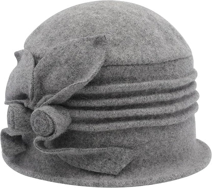 ZLYC Women Wool Cloche Bucket Hat 1920s Vintage Dress Winter Hats with Flower Accent