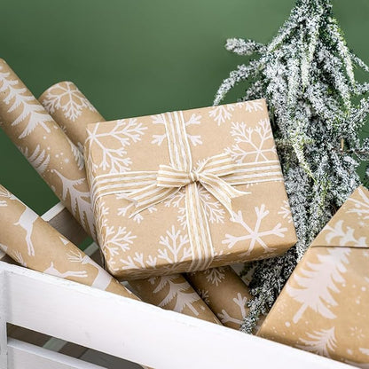 WRAPAHOLIC Kraft Christmas Wrapping Paper Roll - Mini Roll - 3 Rolls - 17 Inch X 120 Inch Per Roll - White Christmas Tree, Reindeer, Snowflake Holiday Collection