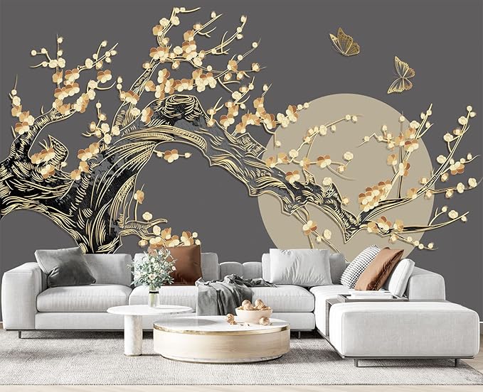 Golden Branches Butterflies Moon Wall Mural Wallpaper for Bedroom 178" x 117"