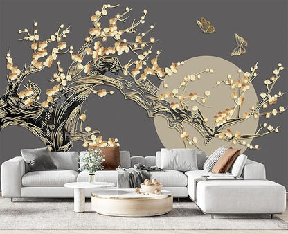 Golden Branches Butterflies Moon Wall Mural Wallpaper for Bedroom 103" x 69"