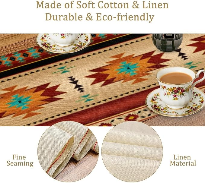 Aztec Southwest Table Runner, Ethnic Style Geometric Triditional Kitchen Table Runners Table Setting Decor for Garden Farmhouse Wedding Party Holiday Dinner Home, 13x70 Inch