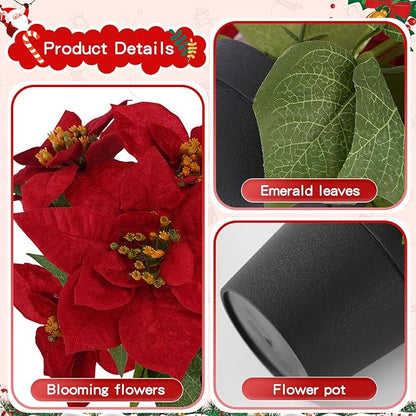 Poinsettias Flowers Artificial 2 Pack Red Faux Christmas Poinsettia Plant Small 11 Inch Winter Flowers for Home Office Table Decorations Indoor Xmas Ornament