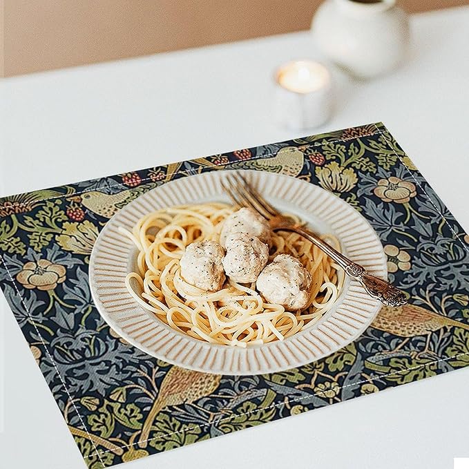 William Morris Floral Placemats Set of 6, Vintage Flower Strawberry Birds Place Mats, Heat Resistant Non Slip Cotton Linen Dining Table Mats for Home Kitchen Party 18x12 Inch